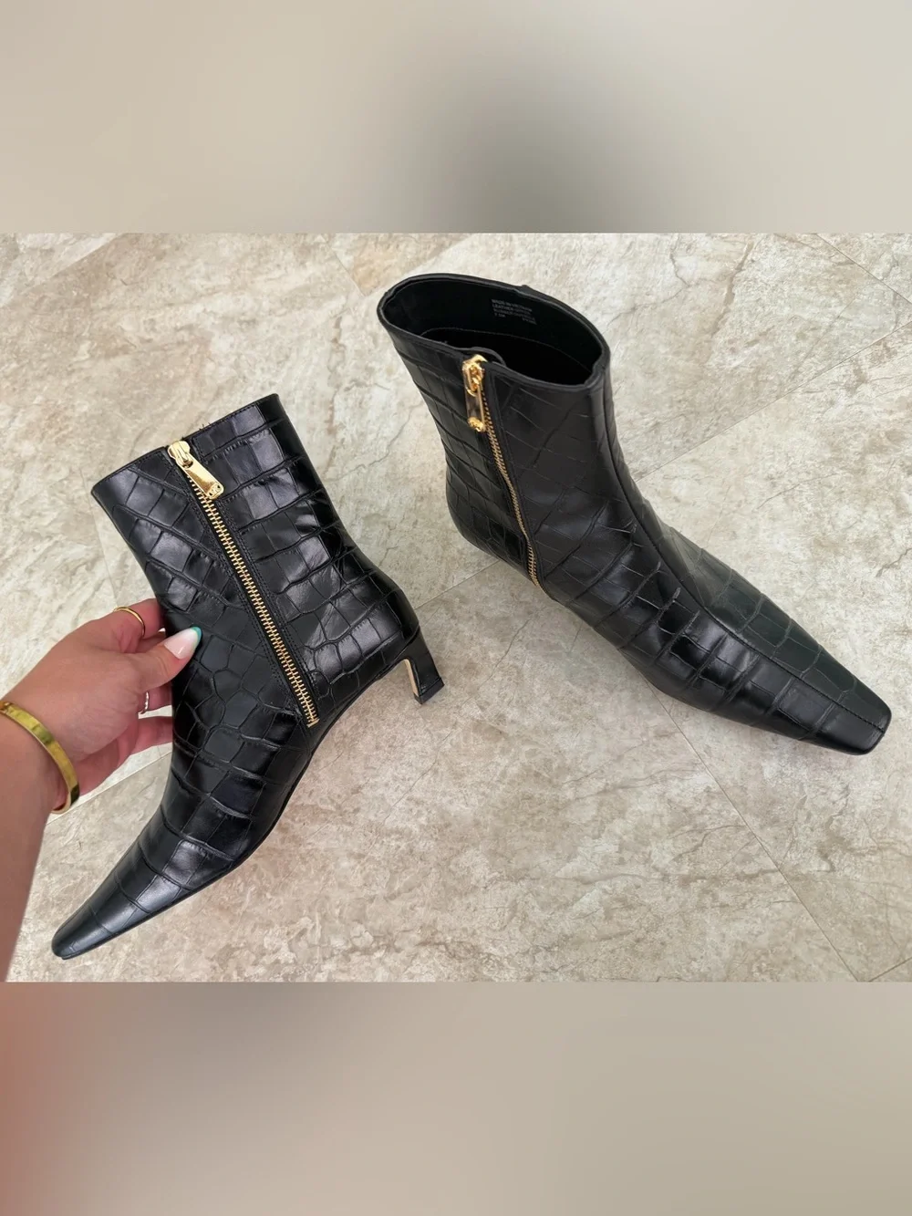 Michael Kors Croc-Embossed Black Leather Ankle Boots with Kitten Heel